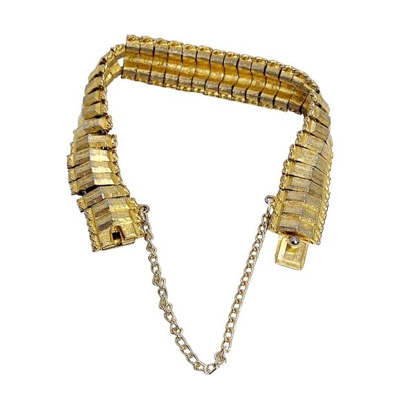 VINTAGE 1960s Goldtone Accordion Bracelet With Safety Chain - Picture 2 of 6